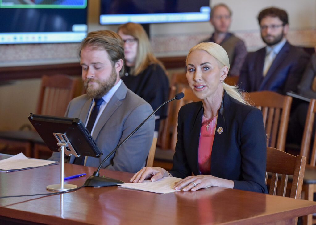 Sen Hills and person testifying in committee.